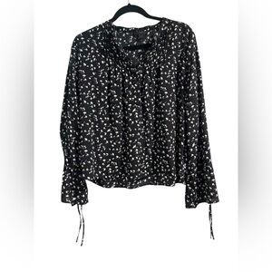 J Crew Black V Neck White Floral Tie Sleeve Blouse with Button Detail Small